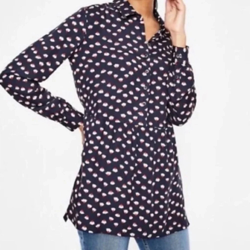 Boden Drop Hem Blouse Size 8L Navy Pink Dandelion Print‎ Peasant Style